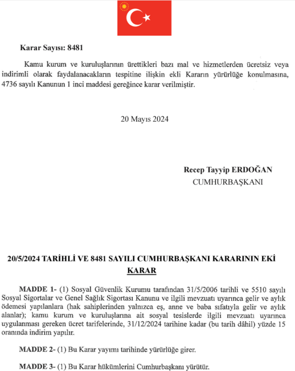 Emeklilere İndirim Kararı Resmi Gazete’de Emeklilere İndirim Kararı Resmi Gazete’de