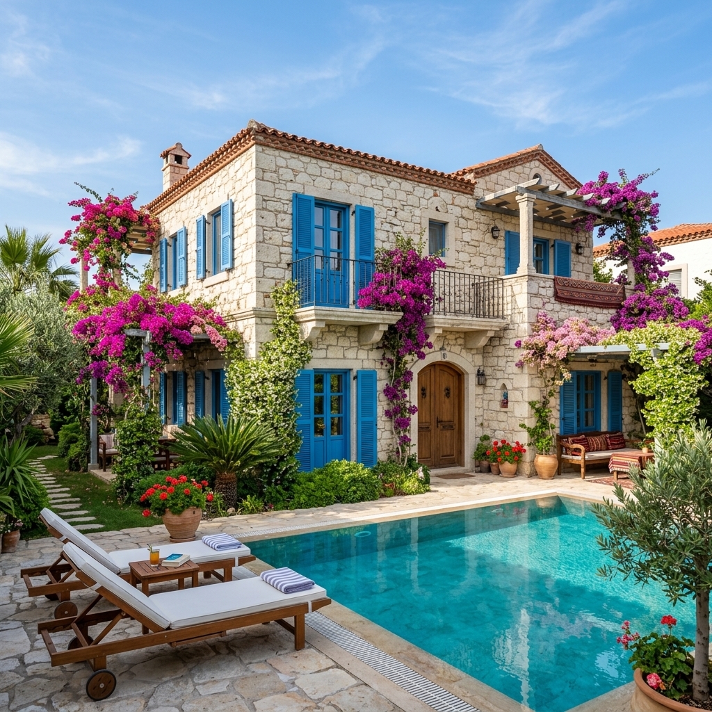 Ahşap kepenkleri ve doğal dokusuyla lüks bir Alaçatı taş villa konsepti