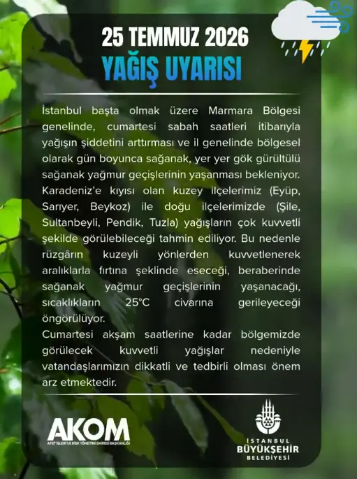 İstanbul’da Cumartesi Alarmı: AKOM’dan Sağanak Yağış ve Fırtına Uyarısı İstanbul’da Cumartesi Alarmı: AKOM’dan Sağanak Yağış ve Fırtına Uyarısı