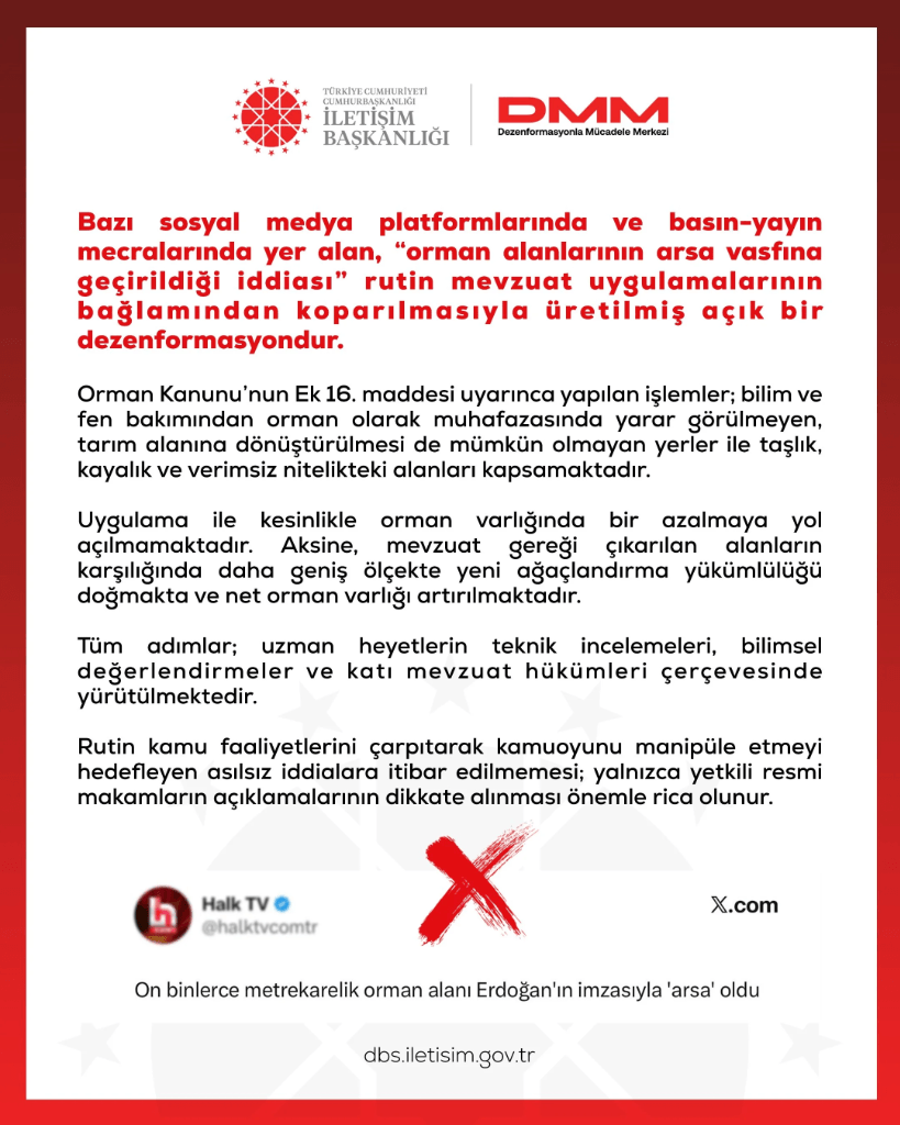 Orman Alanları “Arsa” mı Oluyor? DMM’den Yalanlama ve Orman Kanunu Ek 16. Madde Gerçeği Dezenformasyonla Mücadele Merkezi DMM Orman Alanları Açıklaması ve Yalanlama Belgesi