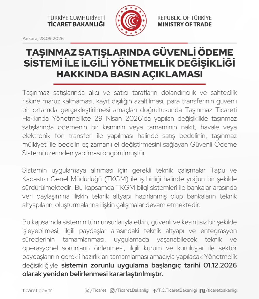 Ticaret Bakanlığı Taşınmaz Satışlarında Güvenli Ödeme Sistemi Basın Açıklaması